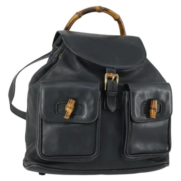 GUCCI Bamboo Backpack Leather Black Gold 003 2058 0016 Auth 151336